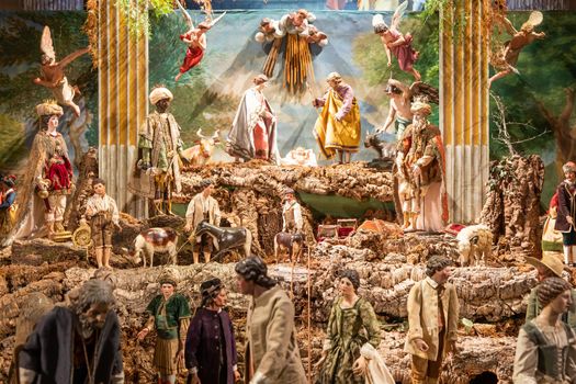 VENARIA REALE, ITALY - Circa January 2022: Italian crib - named presepe - with nativity. Traditional Christmas religious scene.