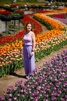 A young woman in a pink suit stands in a blooming field of tulips. Spring time