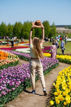 A beautiful slender woman in a hat stands in a blooming field of tulips. Spring time