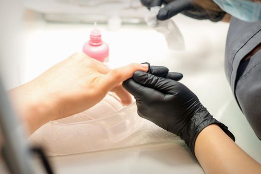 Close up professional manicure master holds the female hand of the customer and disinfects nails in a nail salon