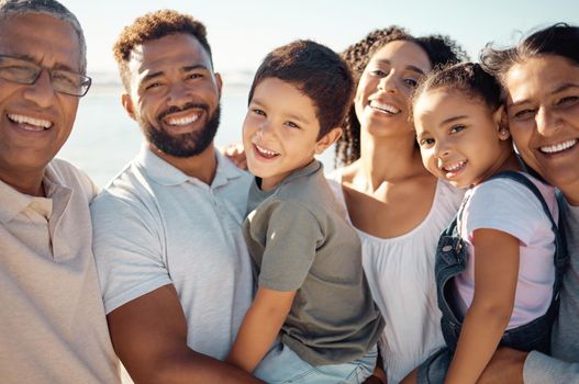 Diversity big family in portrait for summer outdoor holiday with children and grandparents on blue sky and sunshine. Happy smile of grandmother, father and kids for wellness, vitamin d or development.