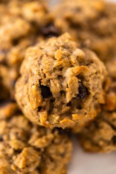 Freshly baked soft oatmeal raisin walnut cookies.