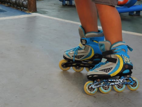 salvador, bahia, brazil - november 11, 2021: person wearing skates with wheels in a condominium in the city of Salvador.
