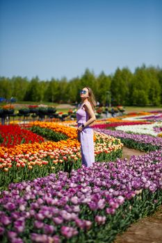 A young woman in a pink suit stands in a blooming field of tulips. Spring time