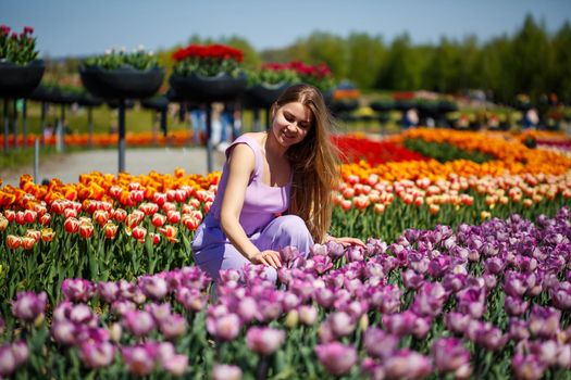 A young woman in a pink suit stands in a blooming field of tulips. Spring time
