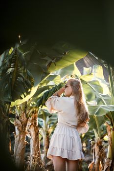 Exotic tropical woman near green leaves of banana bush. Tropical island girl on vacation