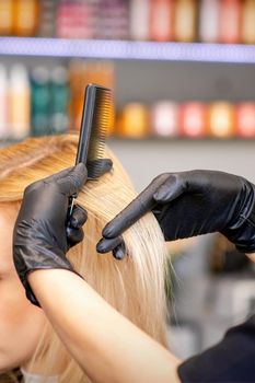 Beautiful young blonde woman with long straight blonde hair getting a haircut at the hairdresser salon