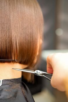 Haircut of short hair of young white woman by hands of a hairdresser in a hair salon, back view, close up