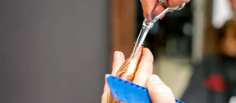 Haircut of red hair tips with comb and scissors by hands of a male hairdresser in a hair salon, close up