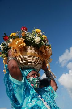 salvador, bahia, brazil - february 2, 2022: Candomble devotees and supporters of the African matriaz religion pay tribute to the orixa Yemanja in the city of Salvador.