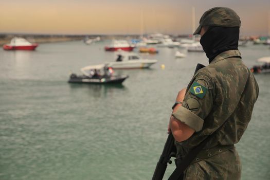 salvador, bahia, brazil - january 1, 2022: Brazilian Navy soldier makes surveillance in military area at barracks in Salvador city.
