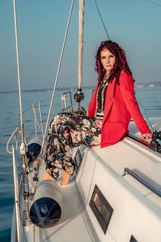 A woman sits on the bow of a yacht on a sunny summer day, the breeze develops her hair, a beautiful sea is in the background.