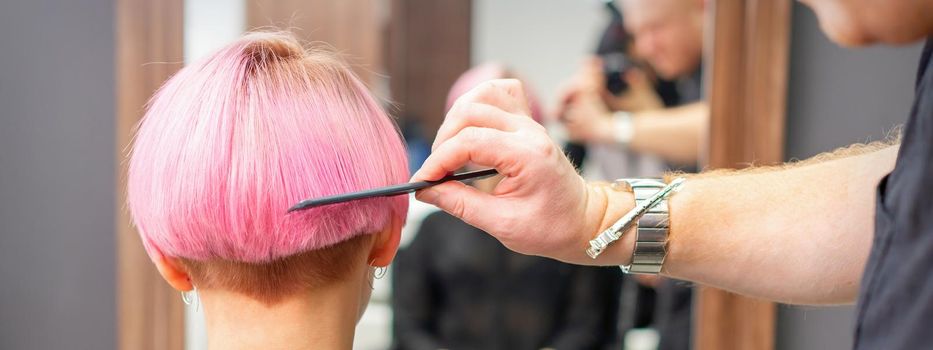 Professional hairdresser brushing short pink hair of young woman with a comb in a hairdressing salon, woman hair, rearview, copy space, back view