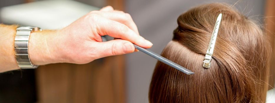 A hairdresser is combing the short hair of the brunette female client in the hairdresser salon, back view