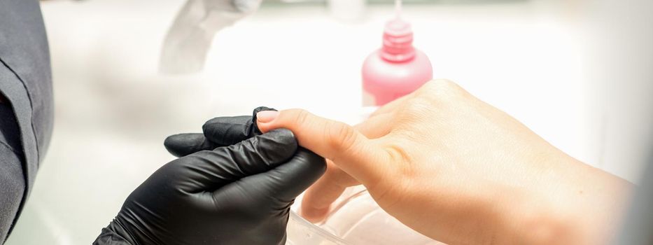 Close up professional manicure master holds the female hand of the customer and disinfects nails in a nail salon