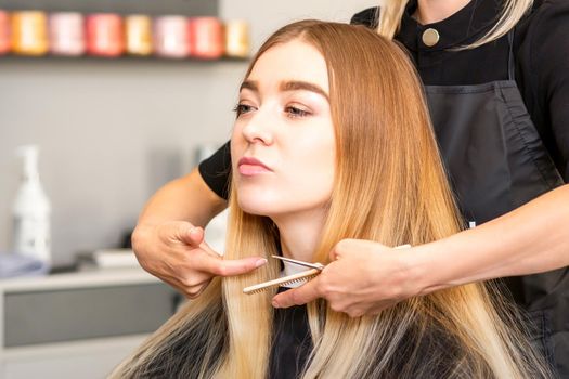 Beautiful young blonde woman with long straight blonde hair getting a haircut at the hairdresser salon