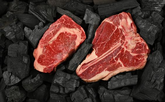 Close up one aged prime marbled raw ribeye and porterhouse T bone beef steaks on black lump charcoal pieces ready for barbecue grill cooking, elevated top view, directly above