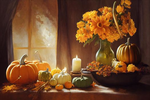 Still life Yellow, orange flowers in a vase, pumpkins and candles on a golden tray on a white table in a home kitchen interior A cozy autumn concept , anime style