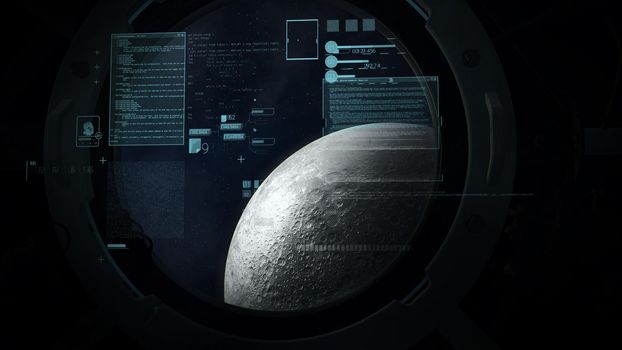 Against the background of the moon in the window, infographics of spacecraft flight calculations.