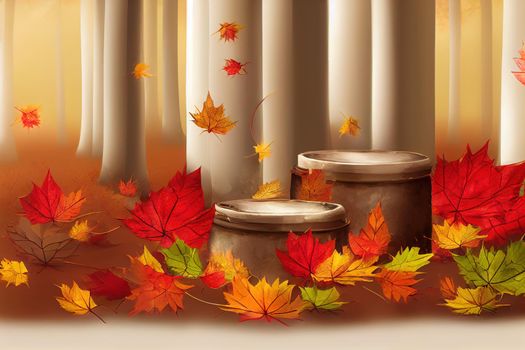 Two cylindrical podiums with autumn leaves in the background Autumn concept, background for placing your items for advertising , anime style