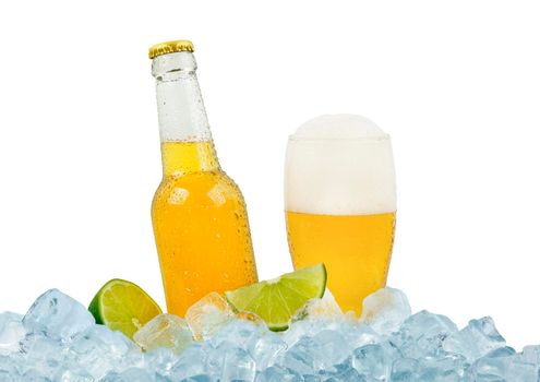 Close up one clear bottle of cold lager beer and full glass on ice cubes at retail display isolated on white background, low angle side view