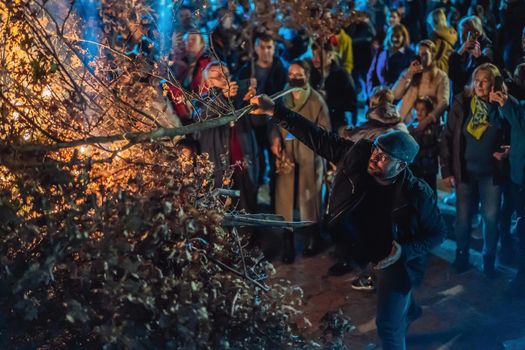 Montenegro, Budva 7.01. 2021: Christian Christmas in Montenegro, the feast of the oak branch. People burn an oak branch in honor of Christmas.