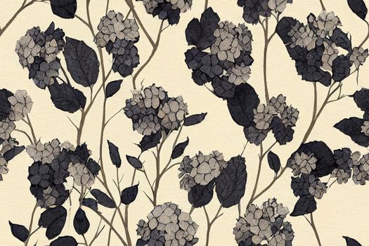 Summer watercolor seamless pattern with black and white hydrangeas on a beige background. Botanical motif for textile and surface design