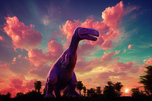 Giant dinosaur in the background of the colorful sky.,2d render