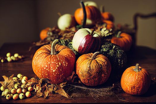 Bunch of pumpkins and apples Pile of pumpkins on dark wooden rustic table Autumn composition with Vintage retro style A human hand holds an apple , anime style