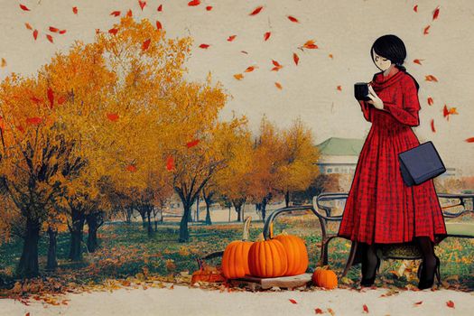 Woman in red checked dress reads an e book Coffee, pie, scarf, fall leaves and pumpkin A postcard and a vintage camera Autumn composition Bishkek, Kyrgyzstan November 1, 2019 , anime style