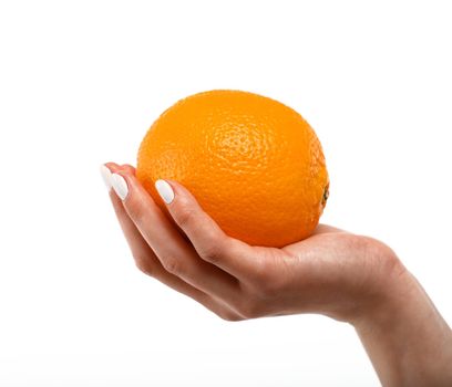 Close up Caucasian woman hand holding one fresh orange fruit isolated on white background, symbol of healthy eating concept, low angle, side view