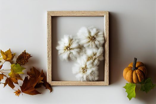 Autumn composition Dried white fluffy cotton flower on white wood frame Floral composition Selective focus, street photo, nobody, for text , anime style