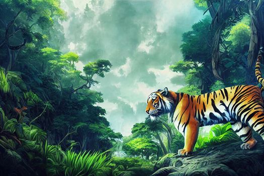 Jungle and tiger view art , anime style. High quality illustration