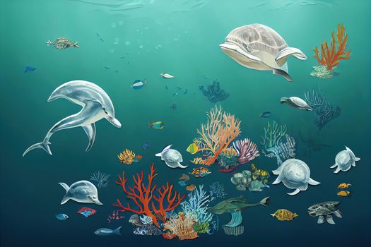 Let's save our oceans. World oceans day design with underwater ocean, dolphin, coral, sea plants, and turtle