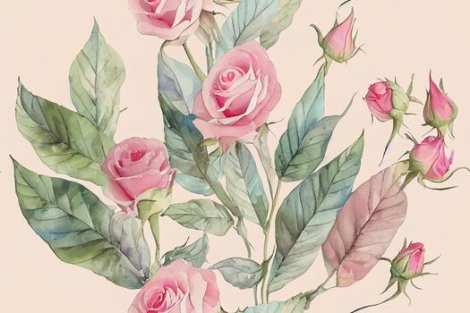 Watercolor Pastel Pattern. Pastel Print. Watercolor Paintbrush Design. Milky Rose Brush Leaves Art. Magic Acrylic Effect. Hand Drawn Wash Effect. Natural Watercolor Wash Painting.