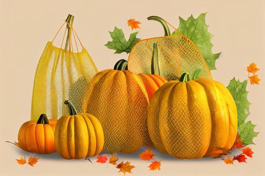 Fresh pumpkins in shopping eco friendly mesh bag, autumn leaves on color yellow background Autumn composition thanksgiving, fall, halloween concept Concept Organic vegetable harvest , anime style