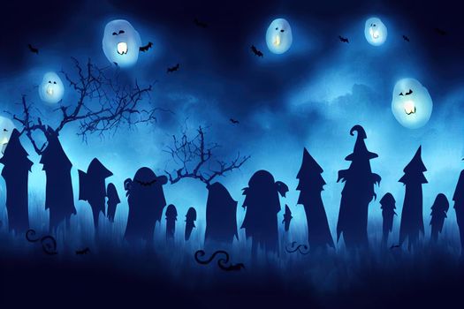 Halloween holiday banner Halloween composition with light garland with ghosts on a deep blue textured background with copy space Halloween background , anime style