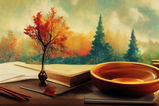 Composition with table setting, music notes and autumn decor on wooden background , anime style