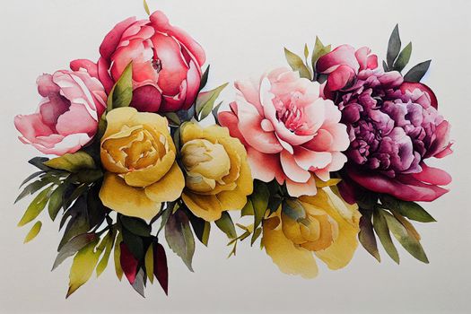 Floral set bouquets with flowers. Watercolor burgundy, indigo, yellow and pink peonies, roses. For greeting card, wedding invitation, poster, stickers and other. Isolation on white. Hand painting.