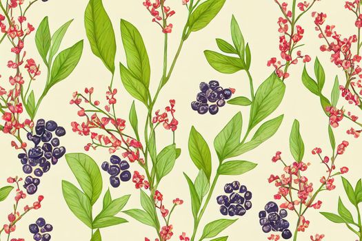 pattern with flowers, berries and leaves. Hand drawn background. Botanic. Plant background. Trendy floral design. Natural. Floral print. , anime style