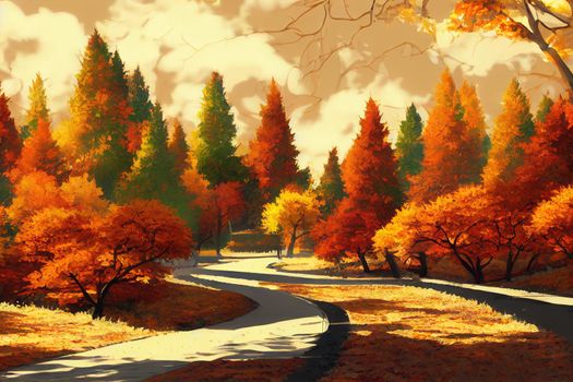 Background in Autumn colors Leaves and trees in Autumn mood , anime style