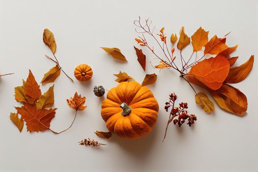 Autumn composition Dried leaves, pumpkins, flowers, rowan berries on white background Autumn, fall, halloween, thanksgiving day concept Flat lay, top view, copy space , anime style