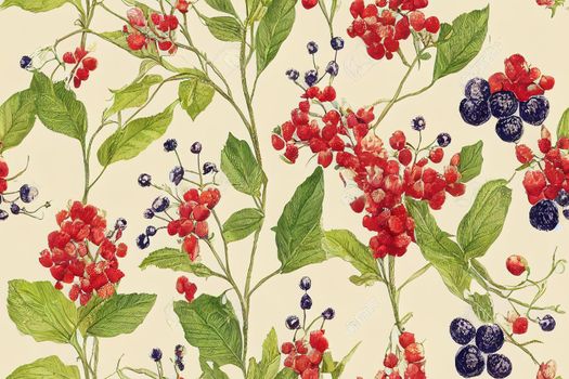 Natural. Floral print. Seamless pattern with flowers, berries and leaves. Hand drawn background. Botanic. Plant background. Abstract.