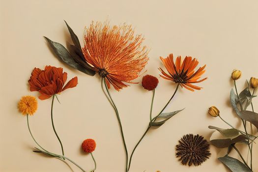 Autumn floral minimal flat lay, one dried flower Cosmos with beautiful shadow from sunlight, fall aesthetic blossoming flower on beige background, copy space Autumnal trend still life, top view , anim