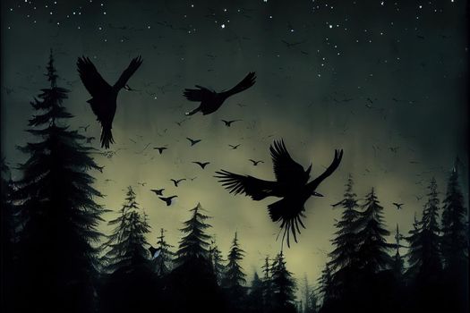 black crows flying in the forest in the night. High quality illustration
