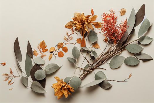 Autumn composition Frame made of eucalyptus branches, cotton flowers, dried leaves on pastel gray background Autumn, fall concept Flat lay, top view, copy space , anime style