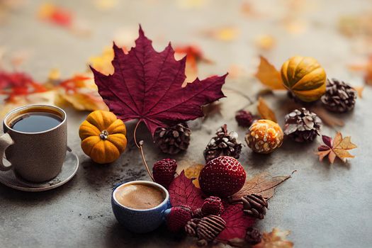 Autumn composition A cup of coffee, sweater, cones, berry rowan and autumn leaves maple on dark concrete background Autumn, winter concept Flat lay, top view, copy space , anime style