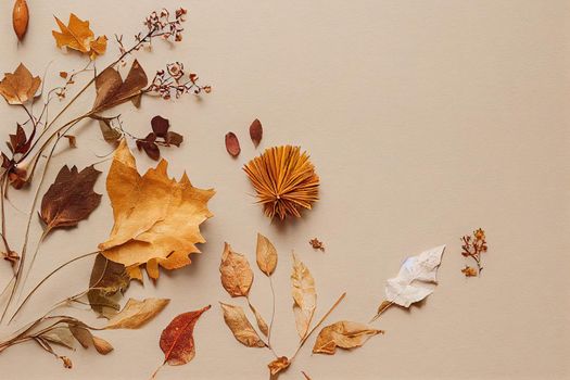 Autumn composition Paper blank, dried flowers and leaves on pastel beige background Autumn, fall concept Flat lay, top view, copy space , anime style
