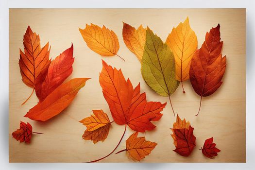 Autumn Leaves Composition with White Paper Sheet on Wooden Background, Top View of Set for Beautiful Autumn Foliage with Blank White Note Template for Greeting Card, Sale, Advertising , anime style