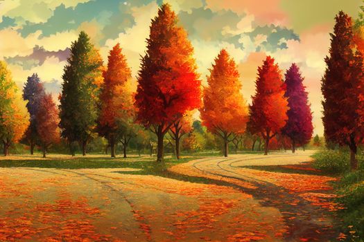 Background in Autumn colors Leaves and trees in Autumn mood , anime style